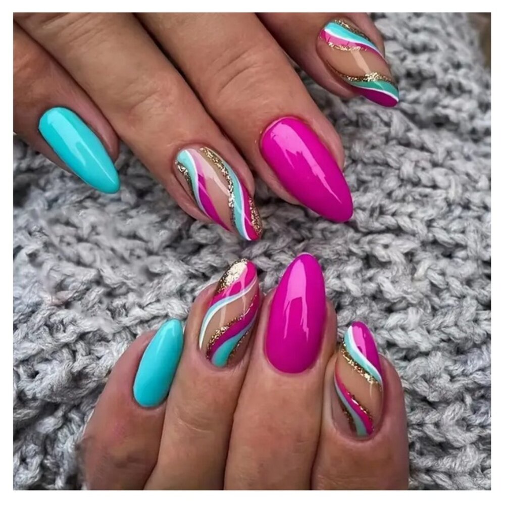 NWT Press On Nails Turquoise Blue Pink Gold Fake False Fingernails Finger Nails